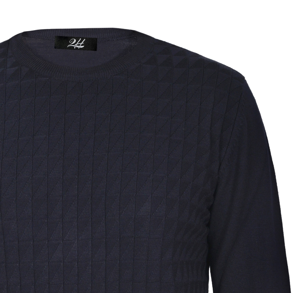 2H Navy Small Squareds  Knitted Round Neck Sweater