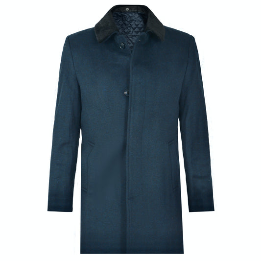 2H Navy Wool Classic Coat With Removable  Fur Collar