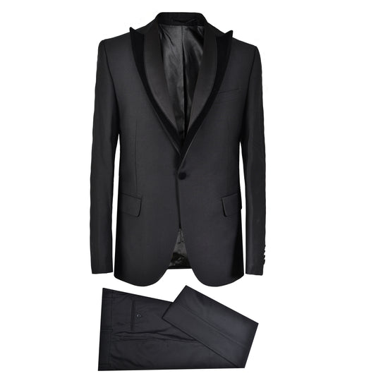 2H Black Wedding Suit Peack Lapel Chamois And Satin