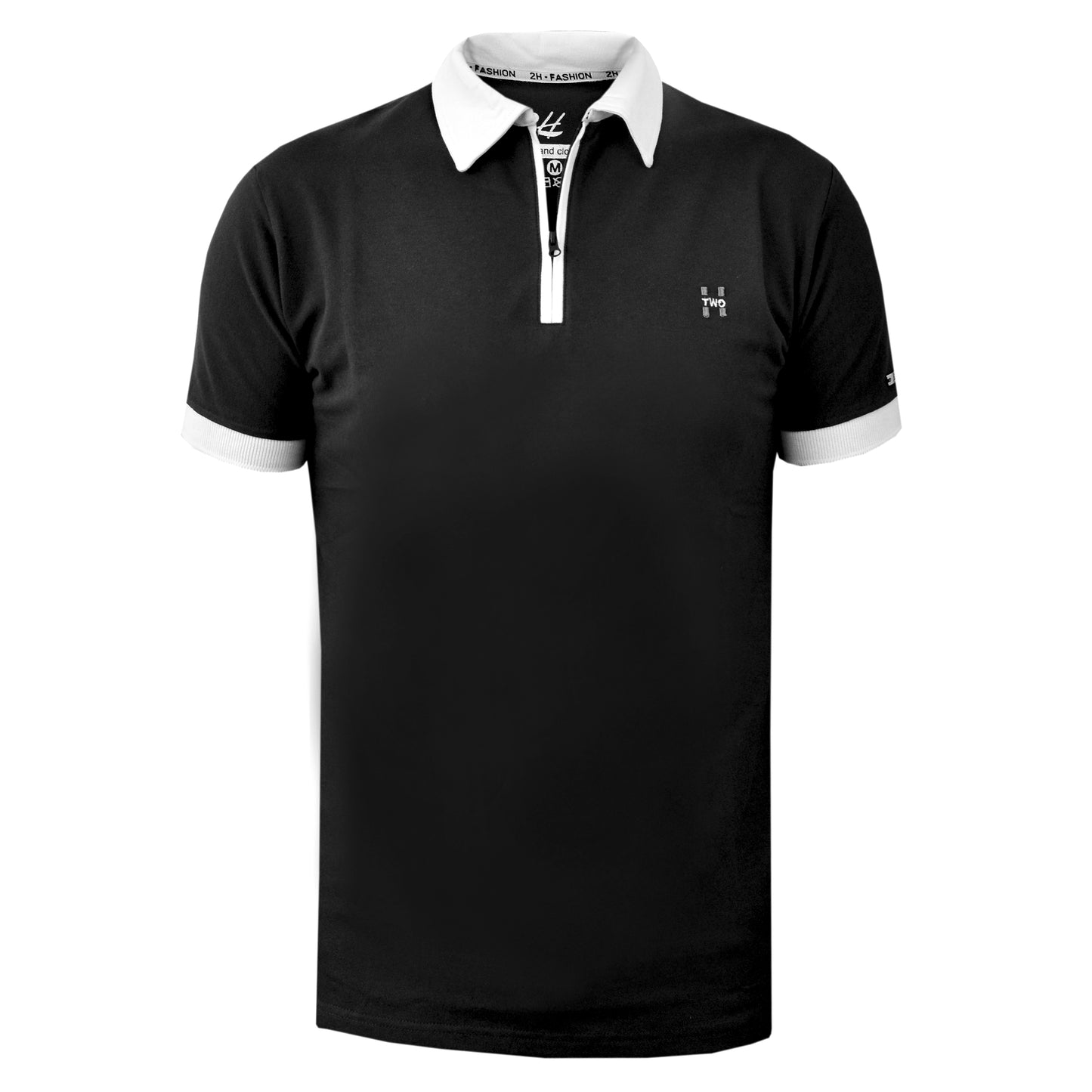 2H #77030 Black Polo T-shirt With White Neck