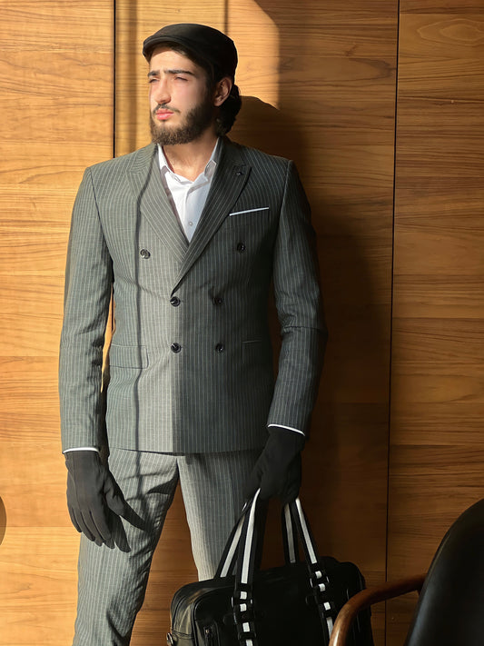 2H Gray striped Peaked Lapel Two Bottons Suit 2 Pieces