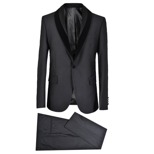 2H Black Wedding Suit Shawl Chamois Satin