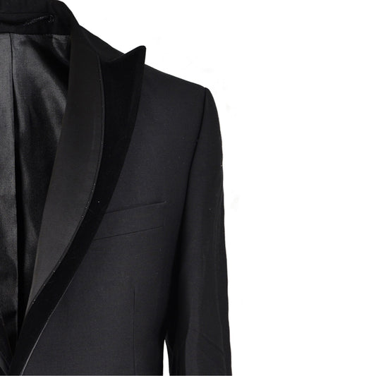 2H Black Wedding Suit Peack Lapel Chamois And Satin 2 Pieces