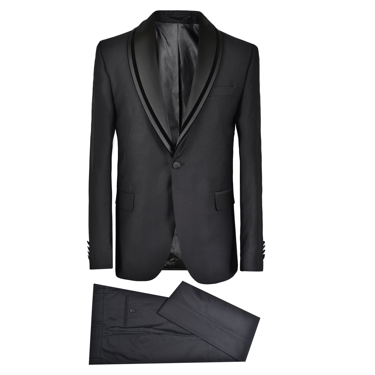 2H Black Wedding Suit Shawl Satin Chamois
