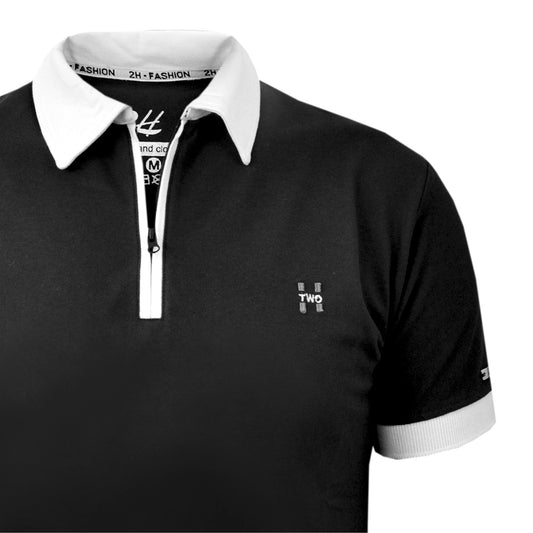 SALE! 2H #77030 Black Polo T-shirt With White Neck